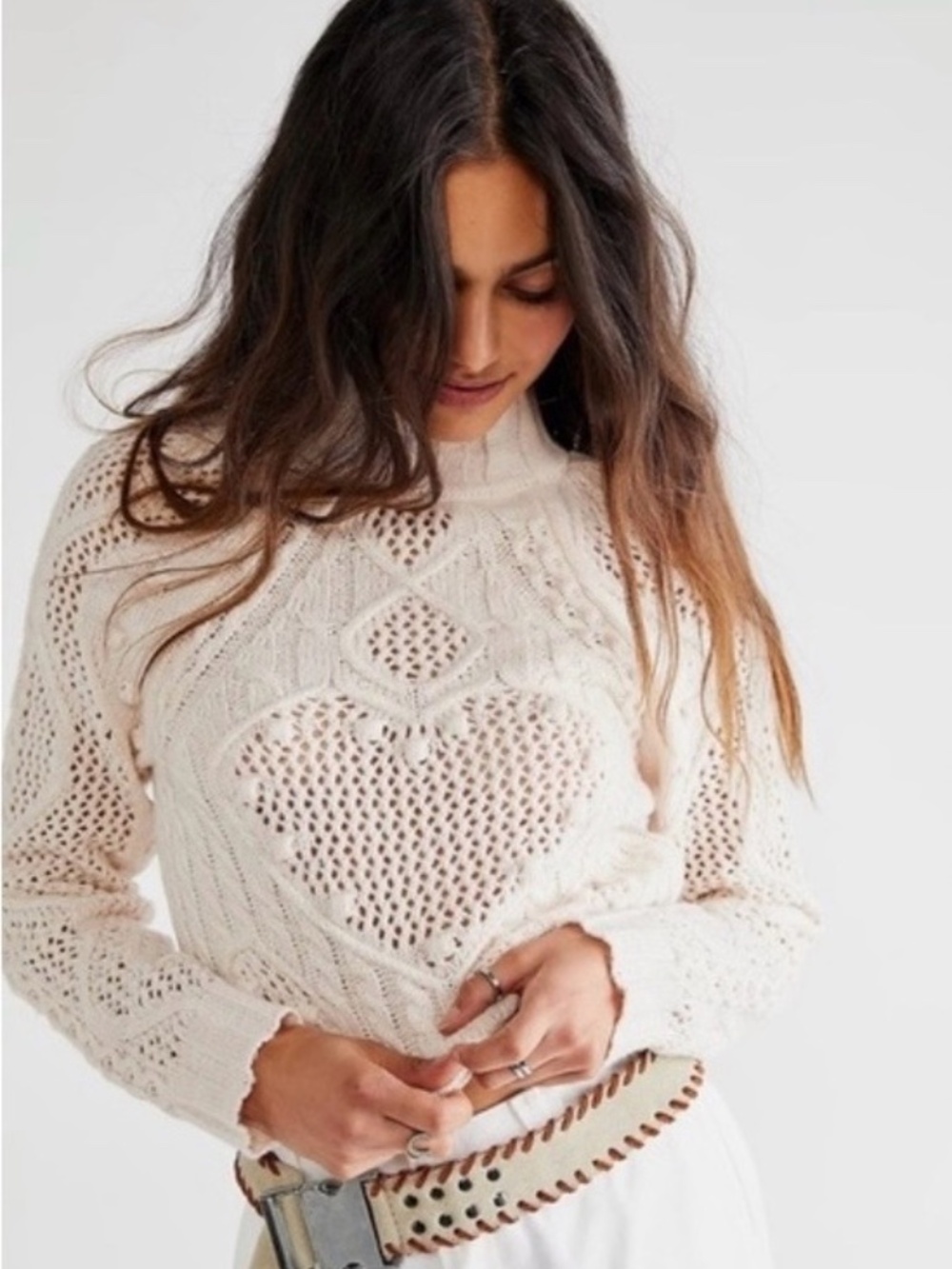 Free People Turtleneck Sweater heart cut out cream Wool Blend Reina Cable knit